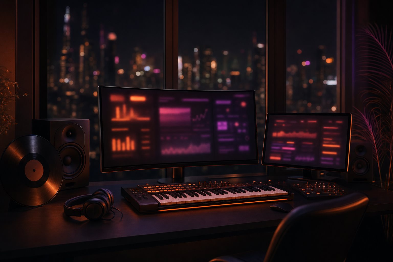 A producer's royalty command center desk with glowing dashboard screens
